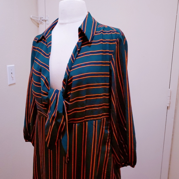 Fall Green Pinstripe Midi Length Evening Dress - Picture 1 of 5